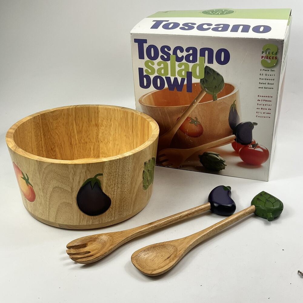 Vtg Toscano Clay Art Salad Bowl Set 3pc Hand Painted Hardwood Vegetable 2001 11"